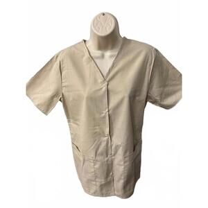SCRUB WEAR WOMENS SCRUB TOP‎ SMALL  KHAKI  BUTON UP FRONT NEW